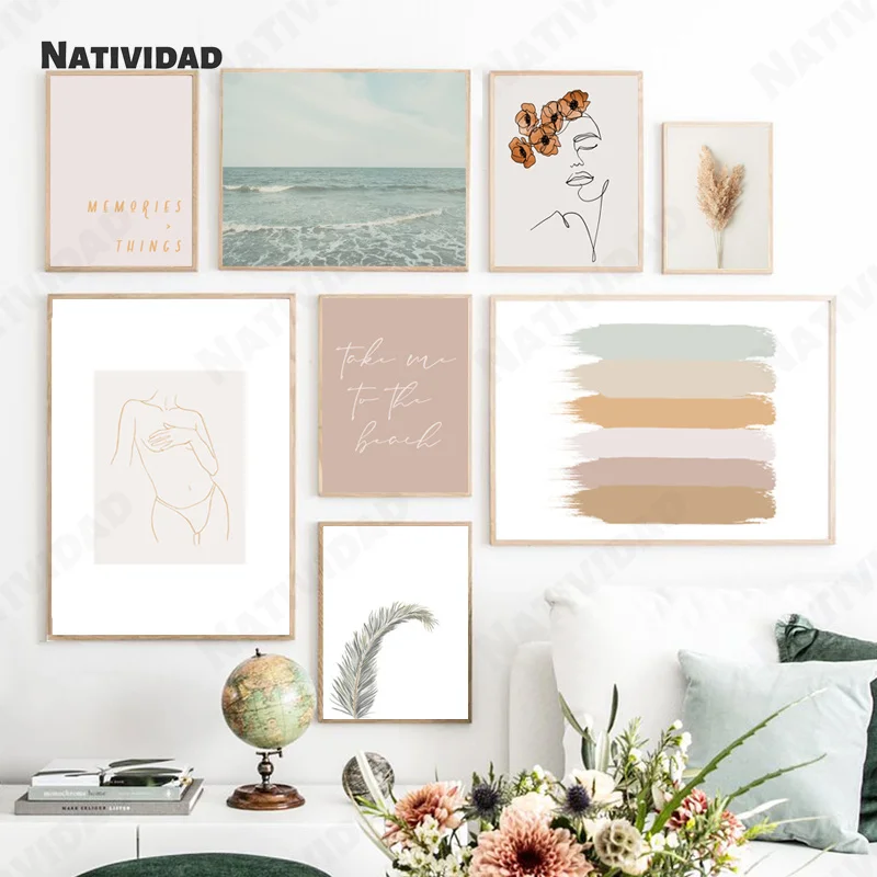 

Korean Style Simple Sketch Painting Girl Reed Sea Macarons Color Line Sunrise Painting Living Room Aesthetic Room Decor