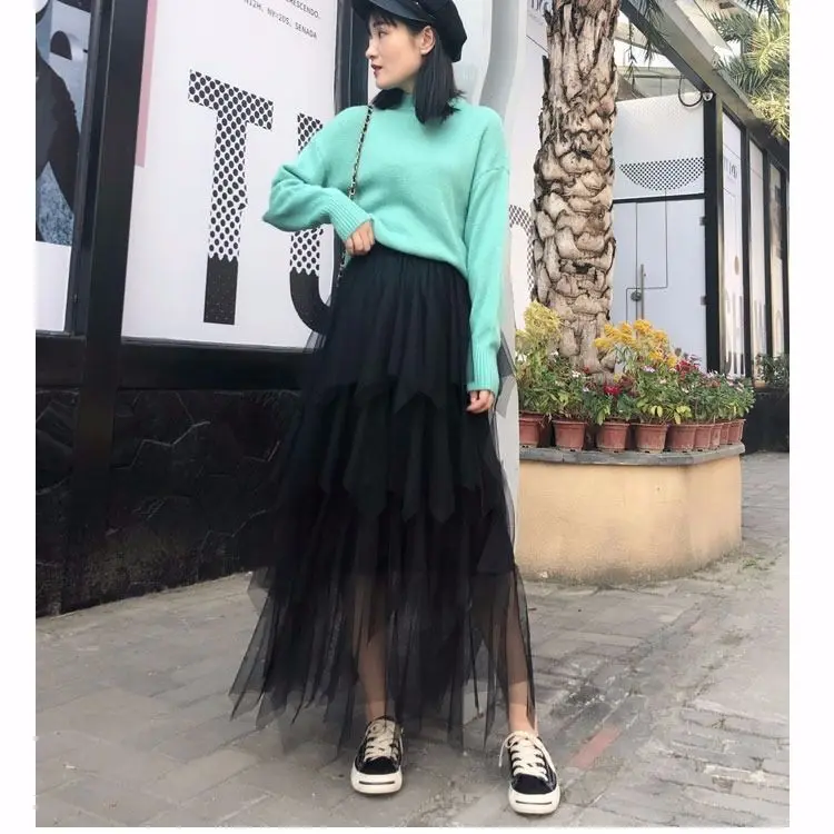 

Women's Autumn and Winter Long Tulle Skirt Irregular High-waisted Skirt Skirt Woman Skirts Mujer Faldas Saias Mulher
