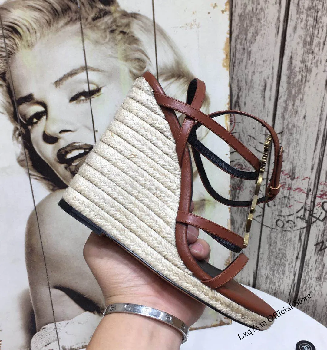 Luxury V Brand Women's Sandals Genuine Leather Wedge 10.5 CM Heel Height Ladies Black Patent Shoes High Heels Zapatos Sandals