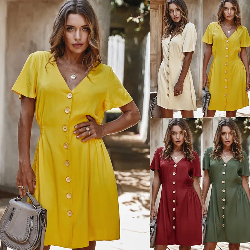 

Deenor 2021 Women Summer Dress Red Sexy V-neck Single Breasted Short Sleeve Dresses Casual Party Office Blouses Vestidos