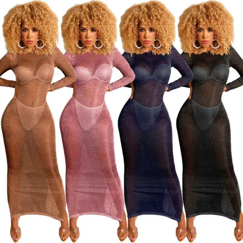 Женское вечернее платье с длинным рукавом летнее облегающее Сетчатое макси