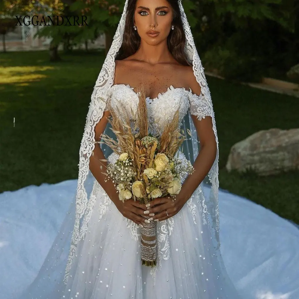 

Romantic Pearls A Line Wedding Dress 2022 Royal Train Sweetheart Off Shoulder Lace Applique Long Bride Formal Party Gown White