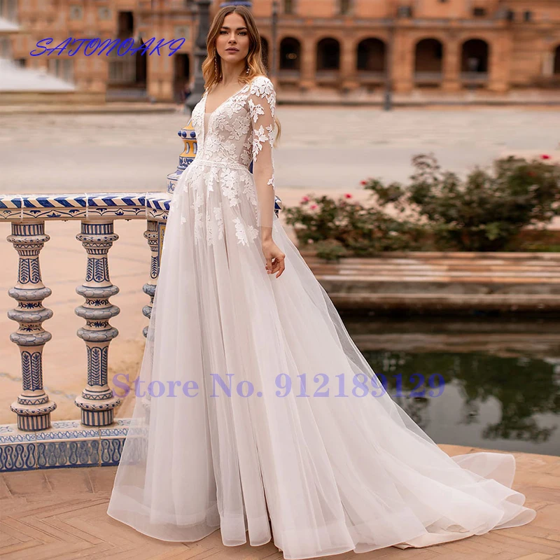 

Vestidos De Novia Sexy V-Neck A-Line Boho Wedding Dresses Lace Appliques Beading Tull Full Sleeve 2022 Princesa Bridal Gown Robe