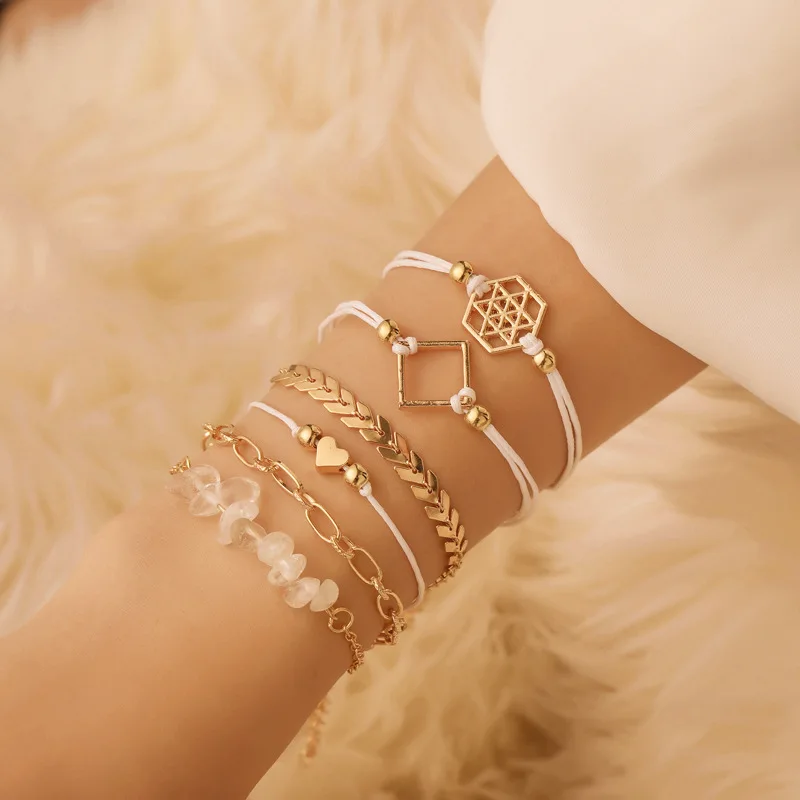 

Bracelet Set Fashion Gold Plated National Fengyu Bone Chain Geometric Polygon Heart Crystal Bracelet Personality Women's Jewelry