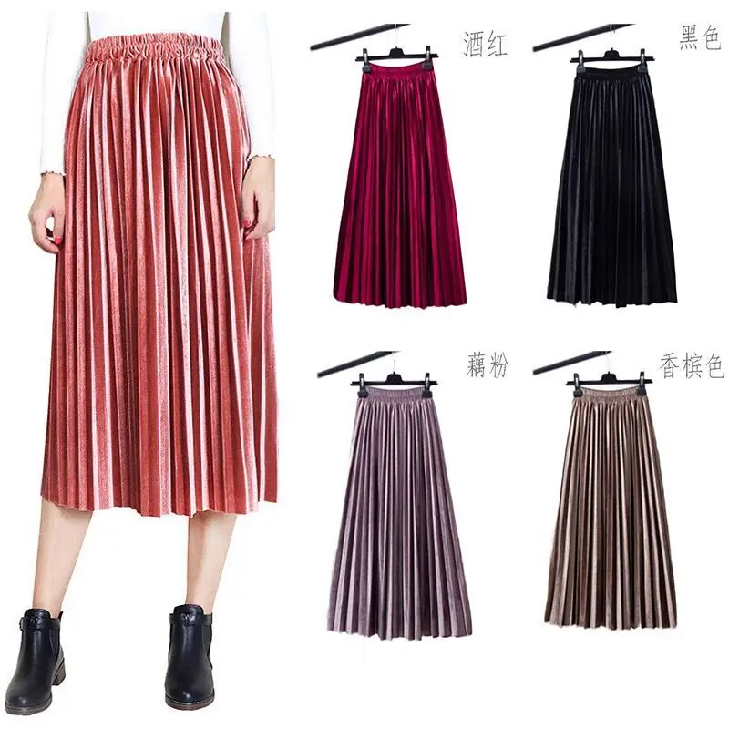 Женская плиссированная юбка длинная Однотонная с высокой талией в стиле ретро