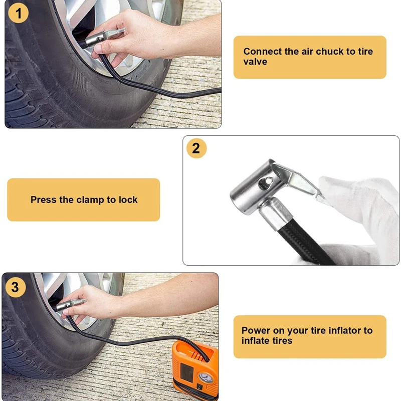 

Air Chuck Set, 1/4 inch Brass Lock on Air Chuck, 1/4 inch Metal Lock on Air Chuck and Locking Air Chuck with Air Hose