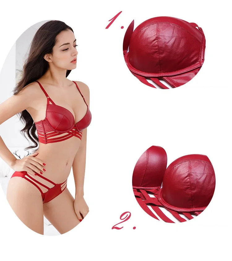 

Wriufred Super Push Up Sexy Bandage Underwear Fashion Leather Glossy Women Lingerie and Panties Suit BC Cup Ladies Bra Set