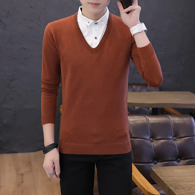 

False Two Sweaters Men Teenagers Long Sleeve Spring Autumn Red Gray Black Pullovers Turn-down Collar Casual Men Sweater New