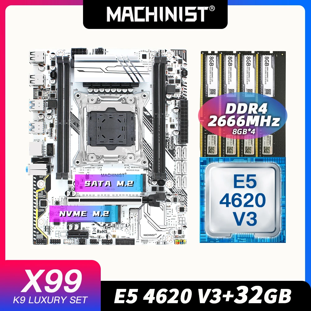 Bestellen X99 Motherboard LGA 2011-3 Set Kit Mit Intel Xeon E5 4620 V3 Prozessor DDR4 32GB(4*8GB) 2666mhz RAM Speicher M-ATX X99-K9