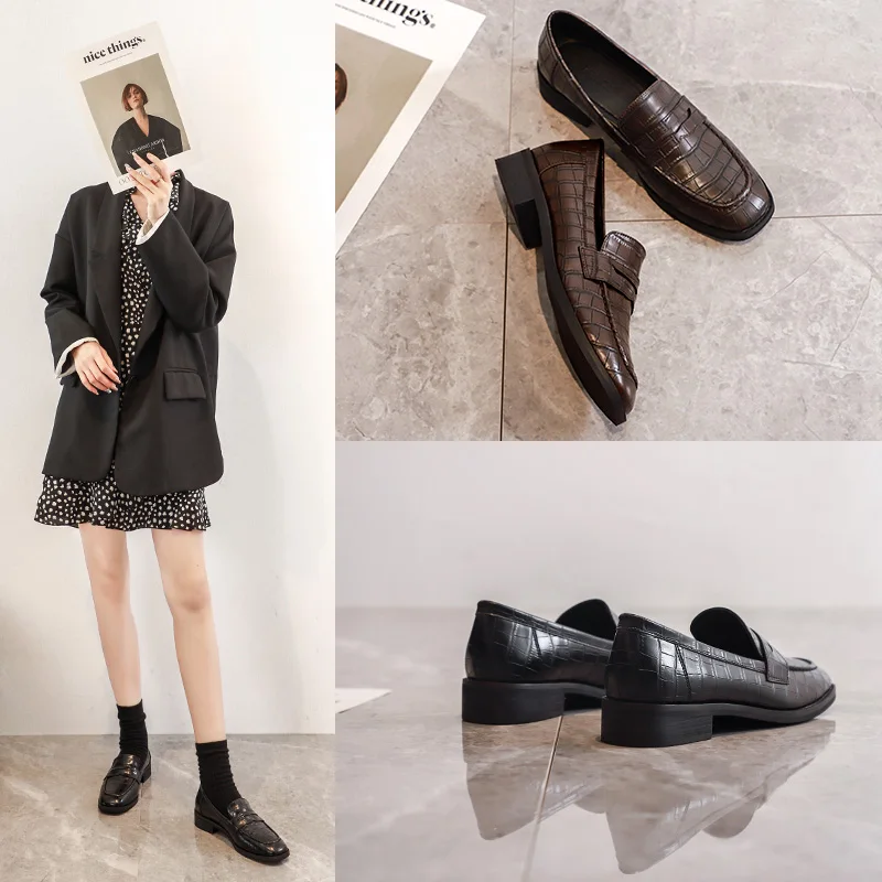 Туфли женские из искусственной кожи на плоской подошве квадратный носок без