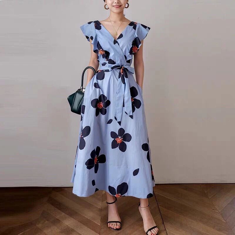

2021 Summer Dress Women Blue Black Flowers Printed Ruffles Peatchwork Backless Elegant Ladies Dresses