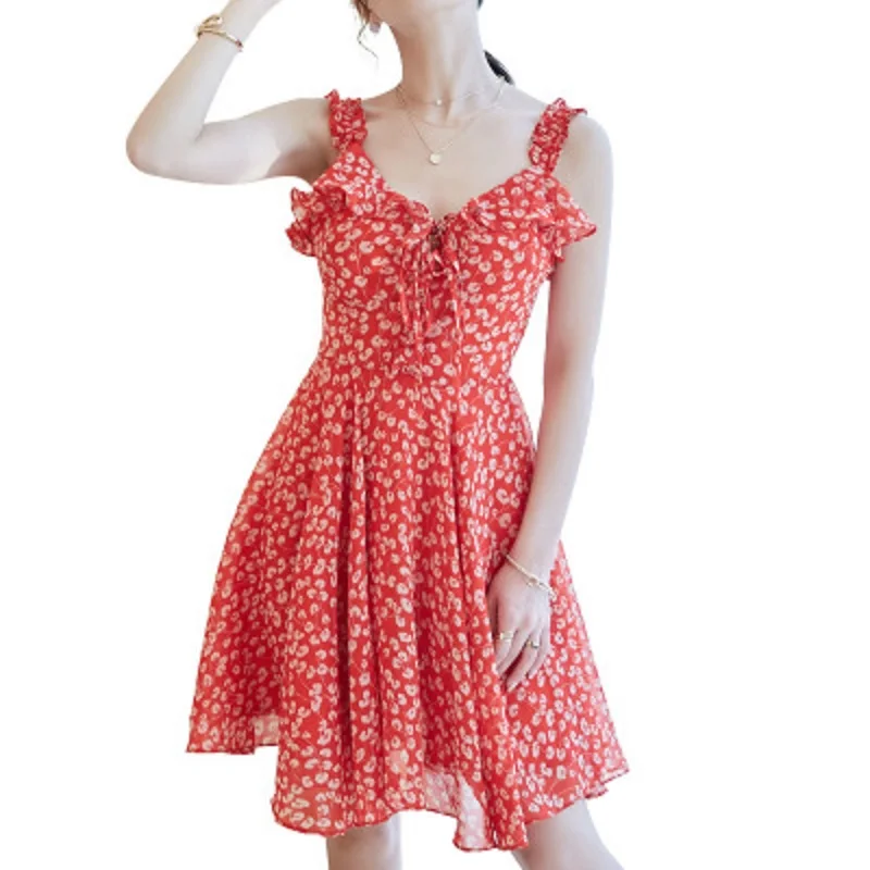 

party Ruffles Sweet dress 2021 new High quality Spring summer clothing elegant Flower Mini sexy Dress Print Cute V Neck dresses