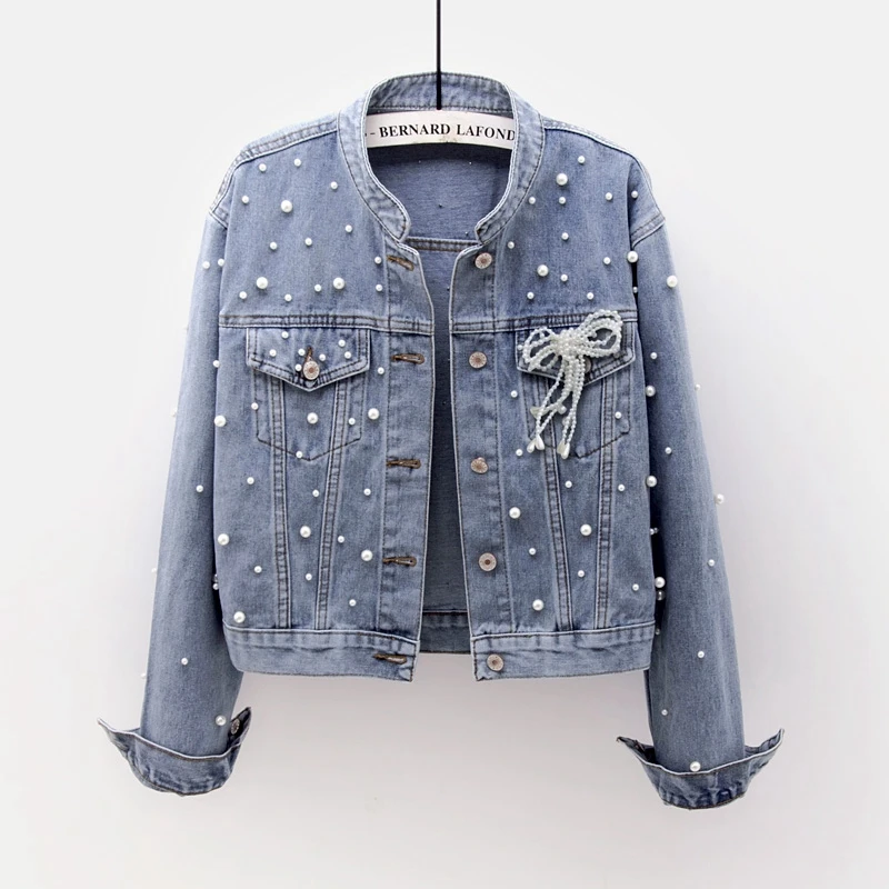 Весенне-осенняя новая короткая джинсовая куртка с бисером женское повседневное