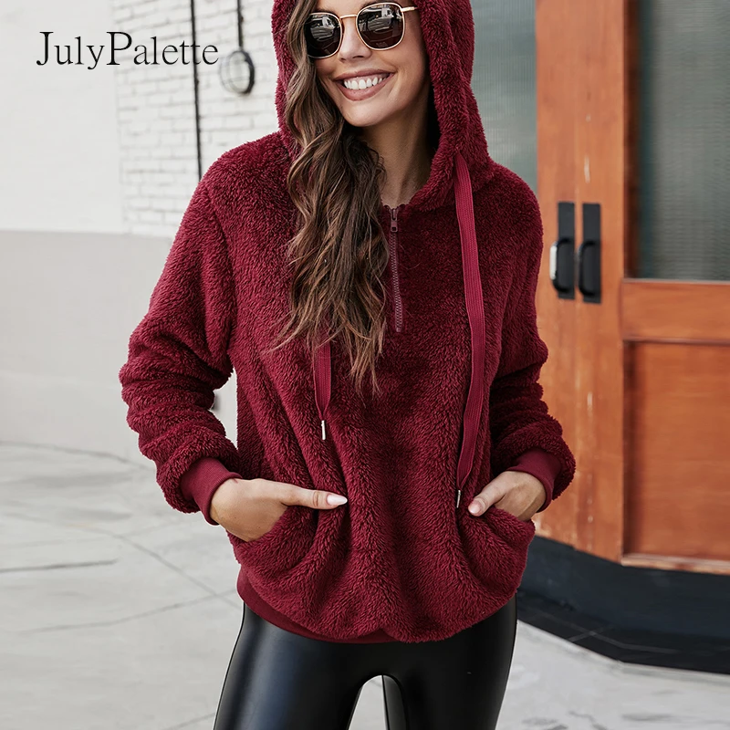 

Осенние однотонные флисовые толстовки Julypalette, женская Свободная куртка с длинным рукавом и карманами, зимние плотные теплые женские бархат...