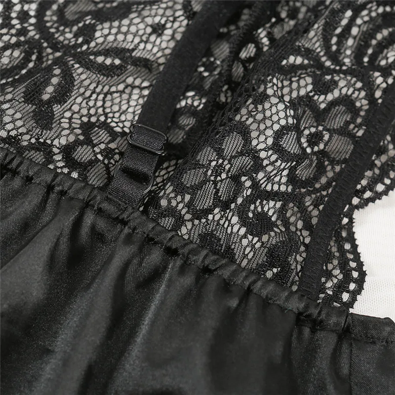 

Women Sexy Lingerie Lace Nightwear Black One Piece Teddies Bodysuits Deep V-neck Strap Backless Patchwork Babydolls Sleepwear
