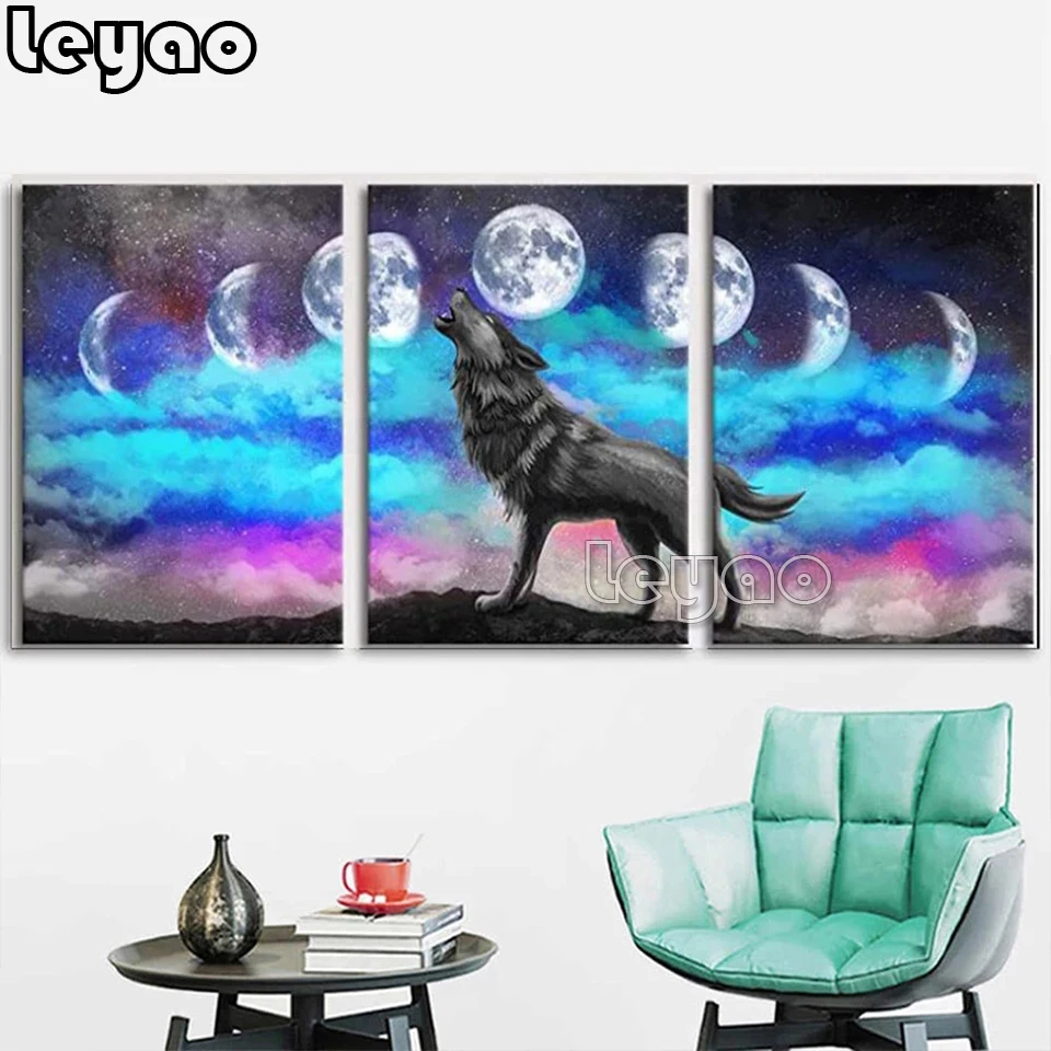 

3pcs Diamond Embroidery Piece Wolf Wall Art Black Wolf Waxing and Waning Moon on Mountain Scenery Picture Diamond Painting