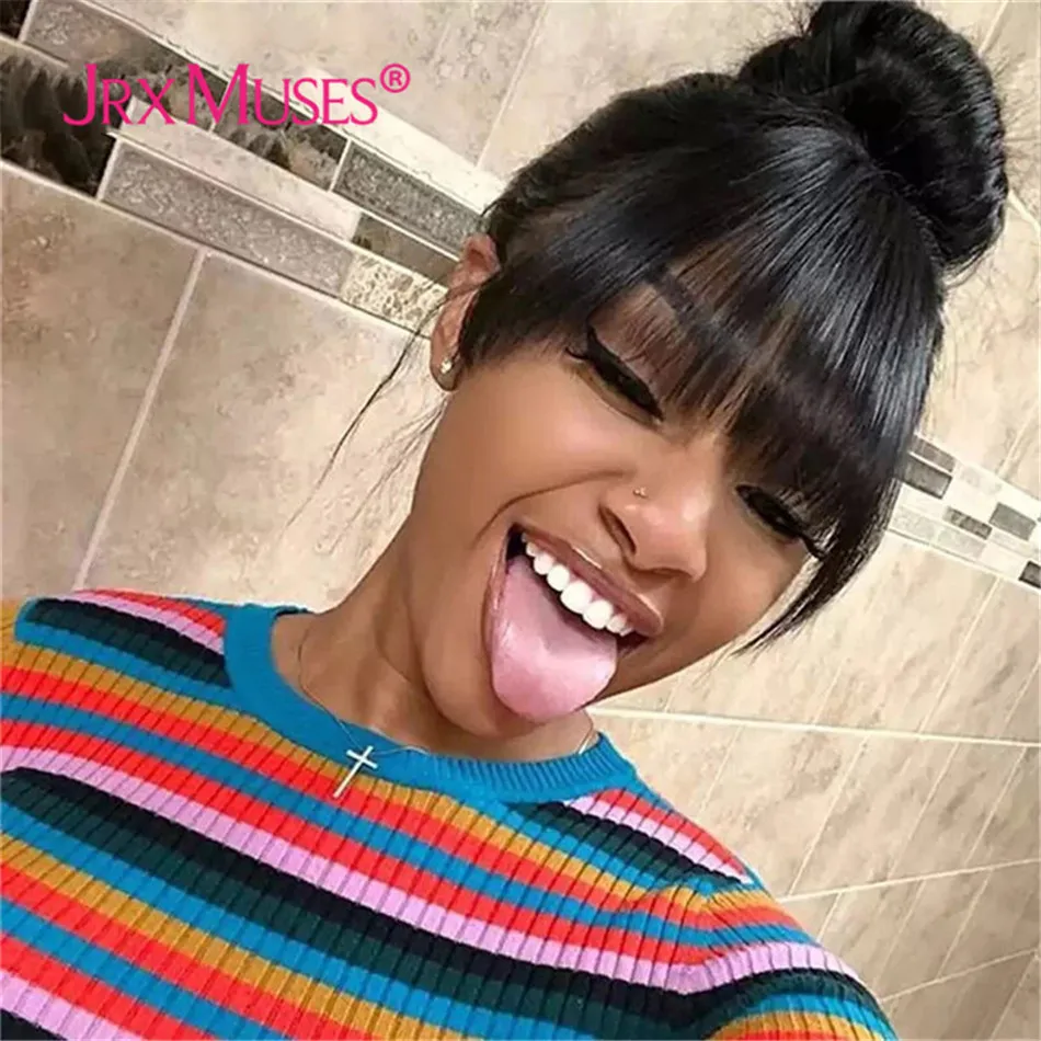 13x6 Brazilian Straight Hair Wigs With Bangs Glueless Fringe Human Hair Wigs Remy Hair Lace Frontal Wig
