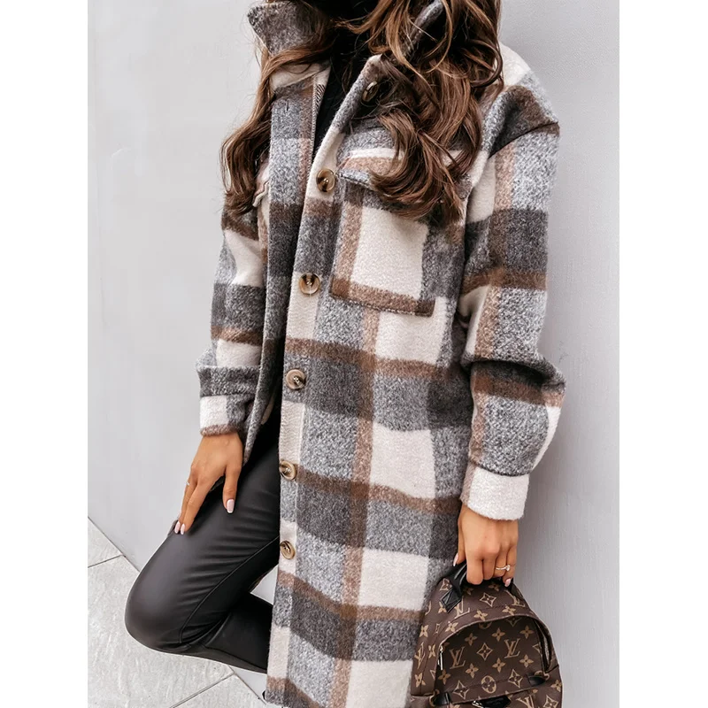 

2021 outono camisa feminina jaqueta moda xadrez impressão lapela casaco longo casual único breasted casaco de inverno feminino