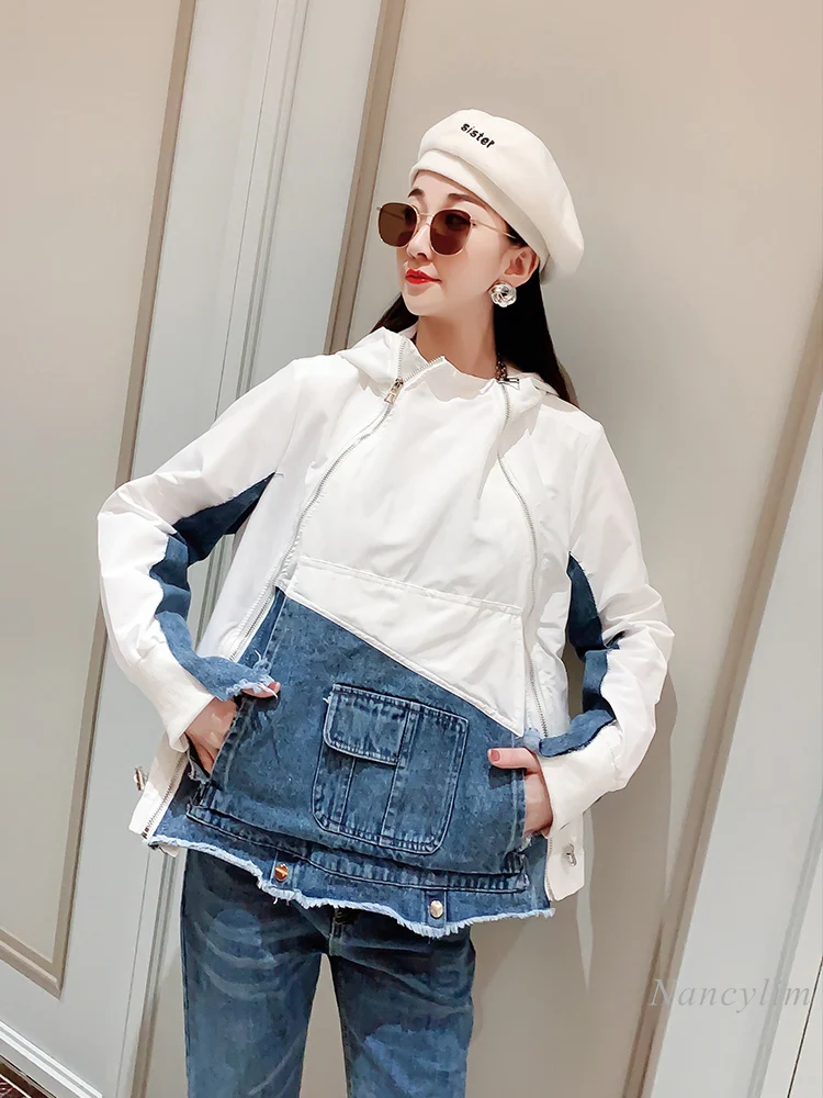 Женская джинсовая куртка с капюшоном длинным рукавом | одежда