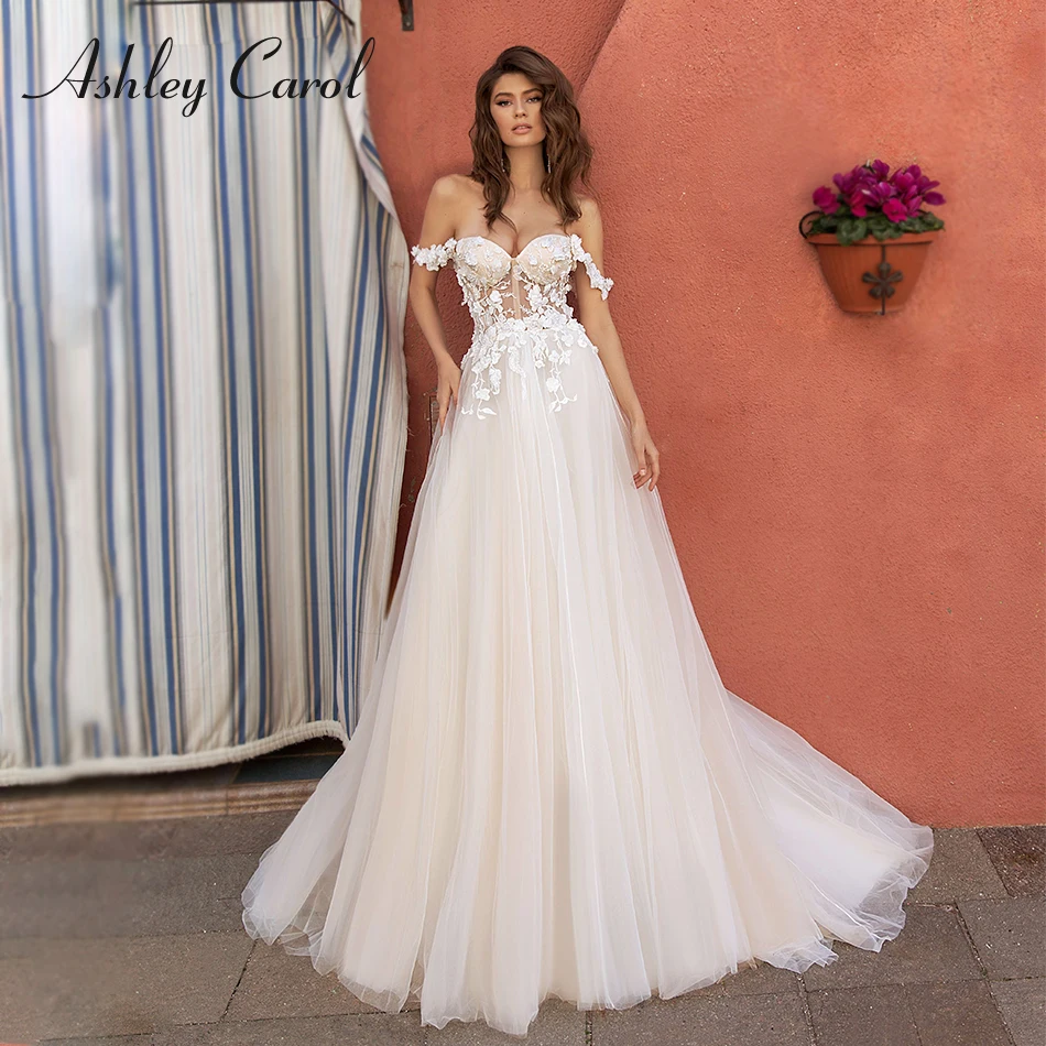 

Свадебное платье трапециевидной формы Эшли Карол 2023, милое платье с рукавами-крылышками и жемчужинами, с аппликацией в виде цветов, кружевное свадебное платье, Vestidos De Novia