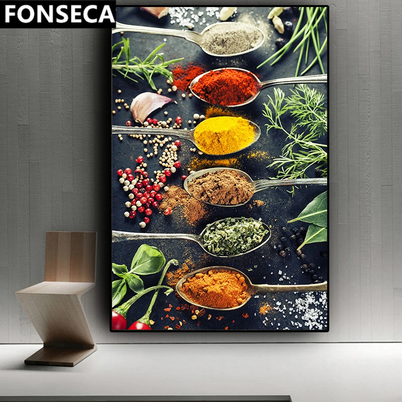 

Still Life Hot Food Spice Pepper Spoon Big Wall Art Picture Kitchen Home Decoration Living Room Food Canvas Painting Poster