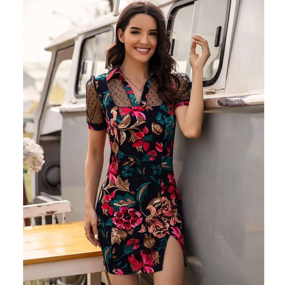 

Casual Women's Black Short Sleeved Mesh Stitching See Through Skirt Slim Fit Split Dresses for Women Summer 2021