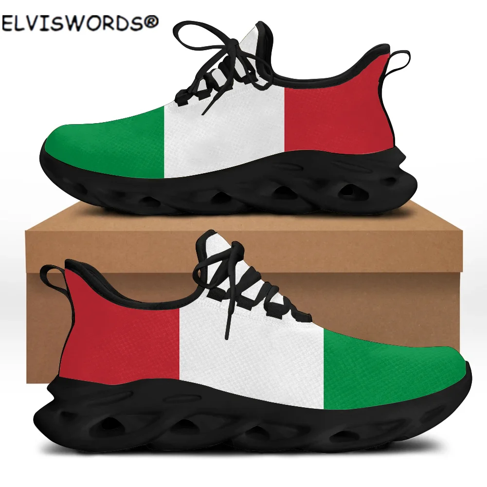 

ELVISWORDS Italian Flag Pattern Breathable Men's Lace Up Flex Control Sneakers Comfortable Flats Shoes Walking Shoes for Male