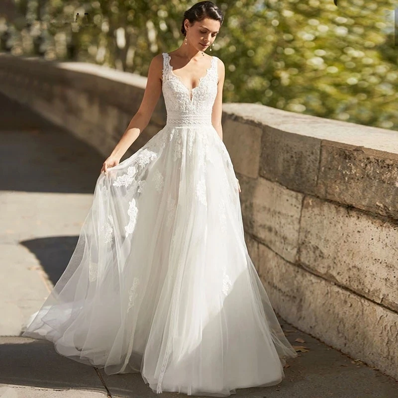 

HERBURNL Elegant Wedding Dress Boho A-Line V Neck Lace Appliqués Backless Sleeveless Bridal Dress Robe de mariée