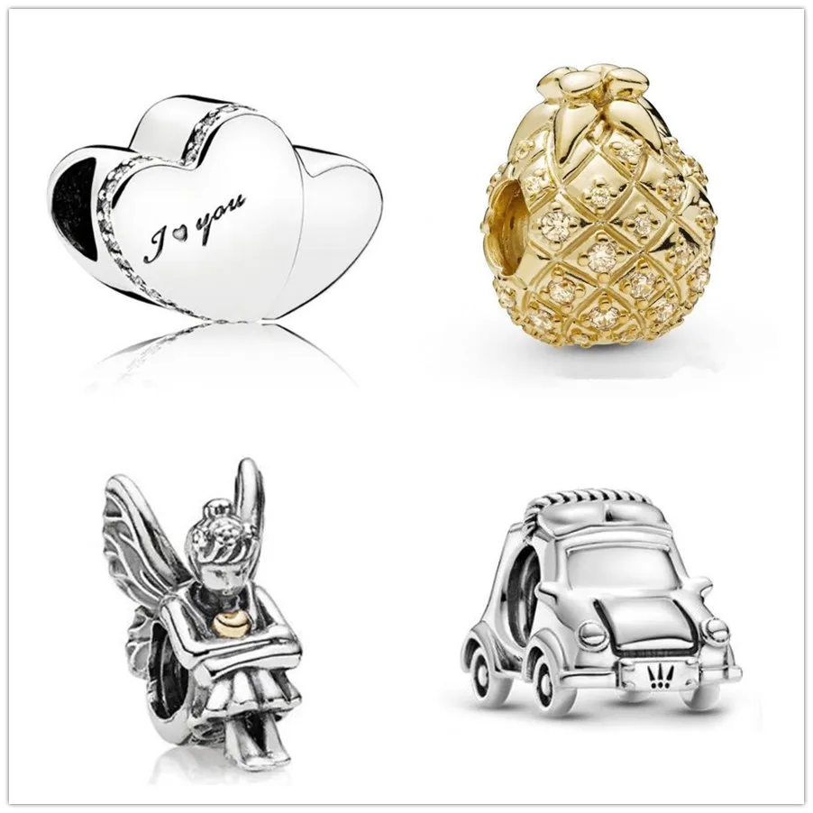 

925 Sterling Silver Bead Charm Shine Golden Pineapple Charm Fit pan Women Bracelet & Necklace Diy Jewelry