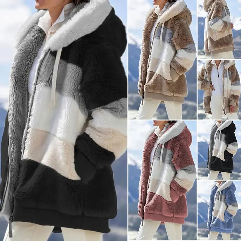 

Wholesale Winter Contrasting Plush Padded Coat Loose Fit Zipper Closure Hooded Coat Various Color Outerwear for Women NOV99