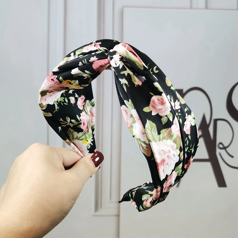 

Floral Cross Knot Hair Hoop Printed Wide Side Head Hoop For Women Grils Fashion Knot Vintage Hair Hoop Bow Wide Hair Accesories