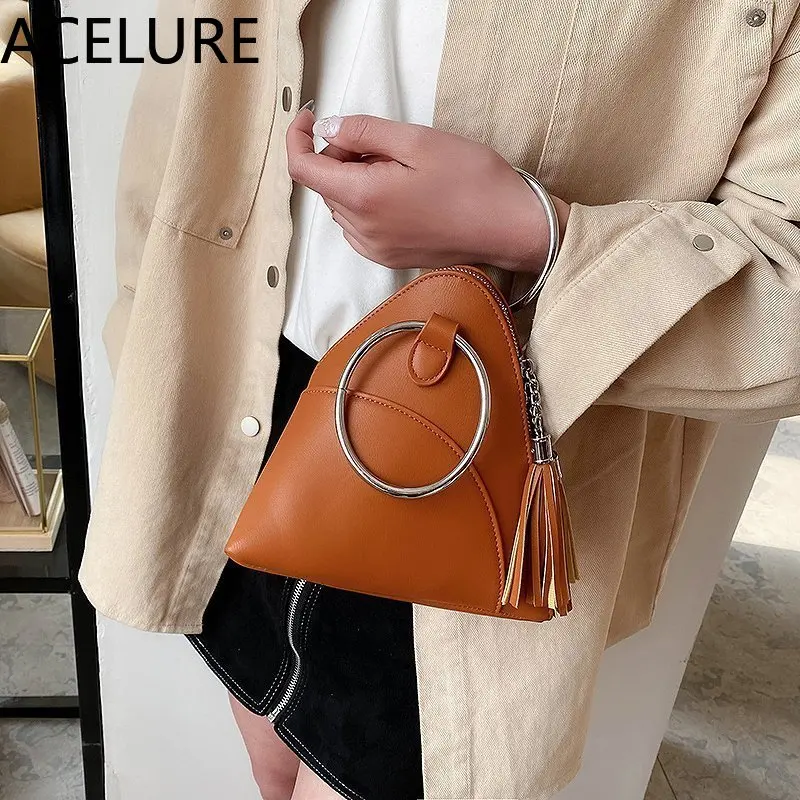 

ACELURE New PU Leather Zongzi Bag Triangle Bag Tassel Zipper Shoulder Bag for Women Fashion Circle Round Handle Handbags