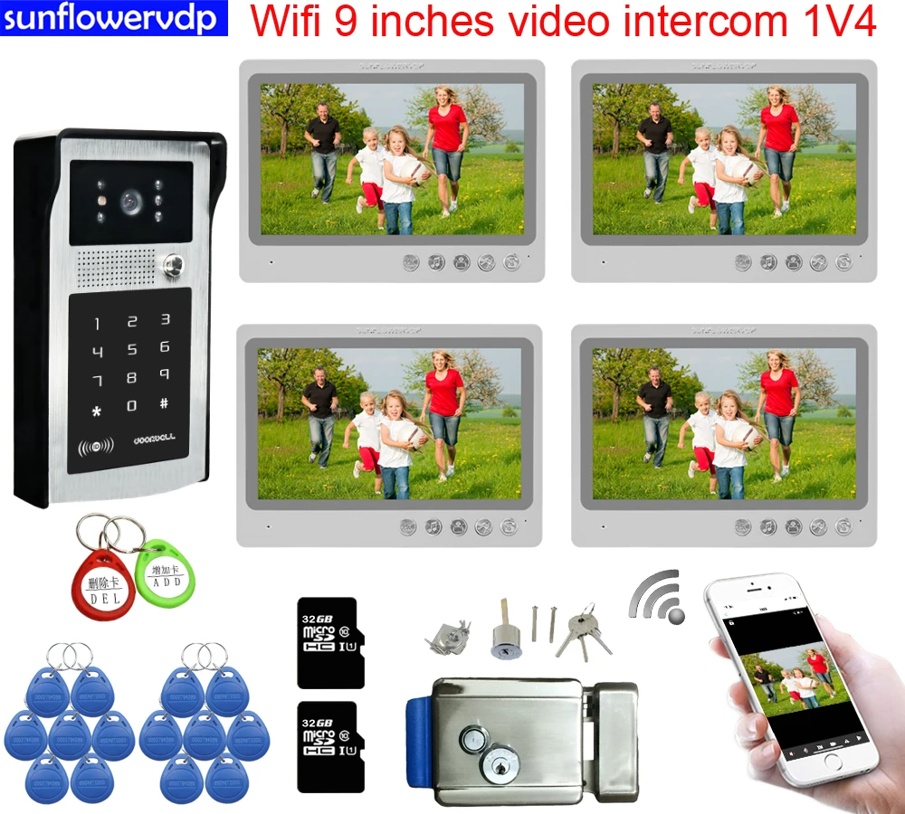 

Wifi Color 9inches Video Intercom Rfid Code Unlock Video Goalkeeper Doorbell For 4 Apartments With Electronic Door Lock System U