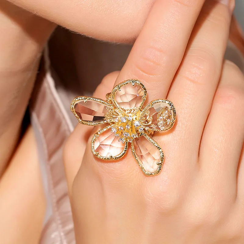 Модные роскошные кольца в виде цветка со стразами для женщин изысканное