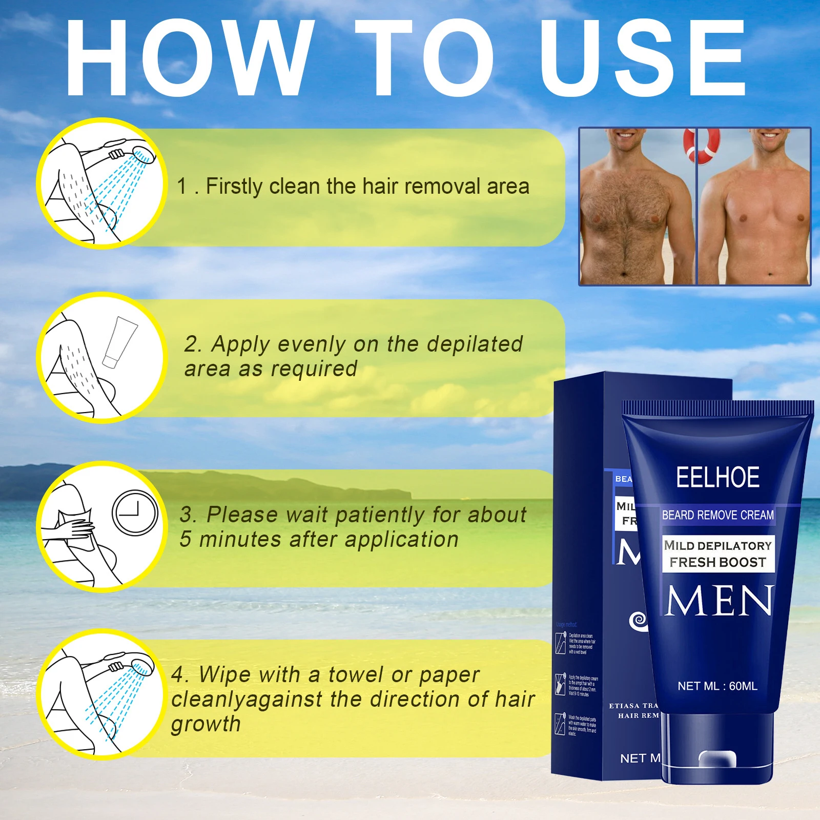 

Men's Hair Removal Cream Remover 60ml for Underarm, Chest Hands, Fast Effective