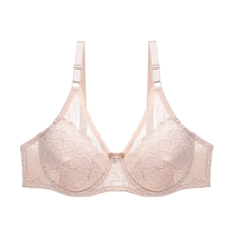 

HECTIC Women's Solid Color Ultra-Thin Transparent C Cup Plus Size Bra Solid Lace Hollow Gather Stereotype Underwear Sexy Bra