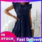 Женское плиссированное платье с оборками, элегантное однотонное Повседневное платье до колен с коротким рукавом и круглым вырезом, 4 #