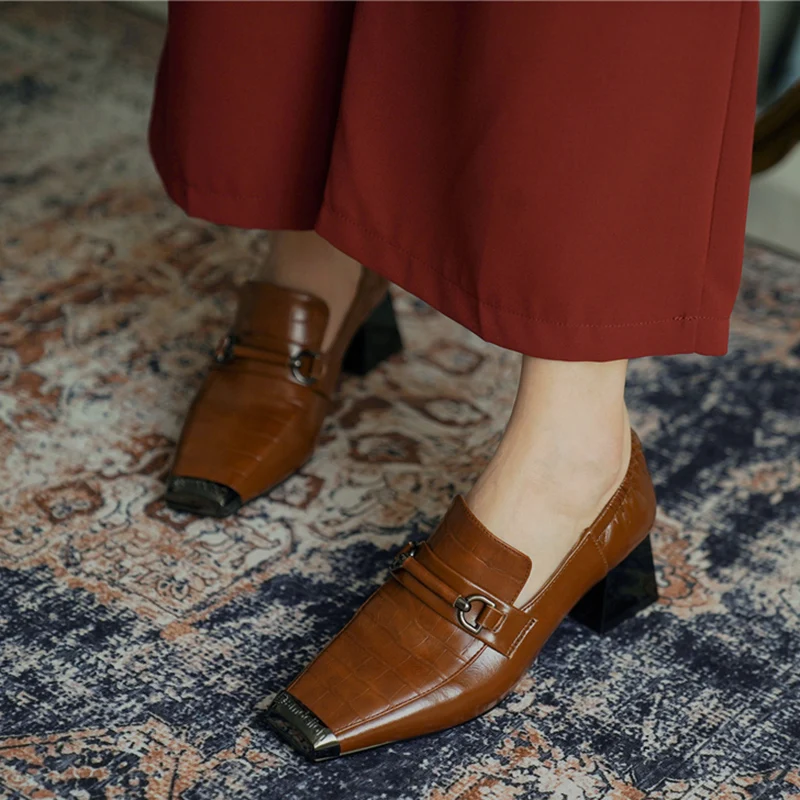 

Женские Эластичные туфли-лодочки без шнуровки, на толстом высоком каблуке, с квадратным носком, с металлической пряжкой, в офисном стиле, на...