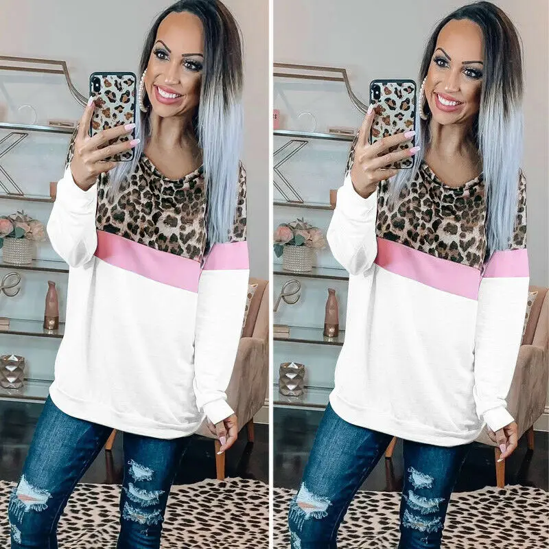 

Women Lady Casual Leopard Splice Hoodies Sexy Autumn Spring Long Sleeve Warm Crew Neck Top Sweatshirt Pullover Loose Sweatshirt