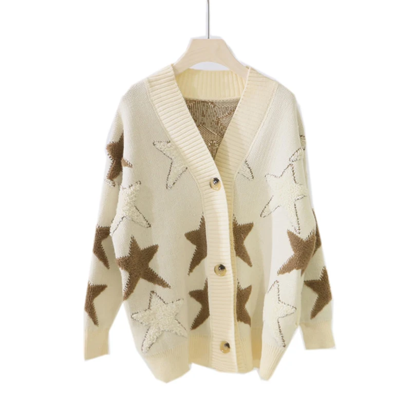 

PERHAPS U женский свитер абрикосового, темно-зеленого цветов, вязаный однобортный свитер с длинными рукавами в виде звезд, модель M0179 на осень