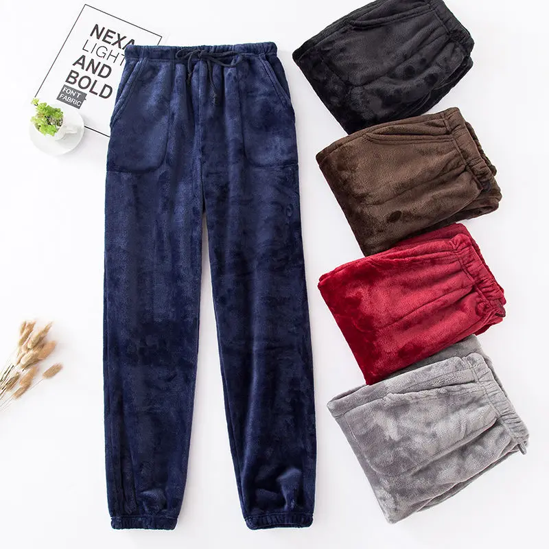 

New Winter Flannel Mens Sleep Bottoms Thicken Warm Sweatpants Mens Pajamas Pants Comfort Slacks Pijamas Couple Casual Trousers