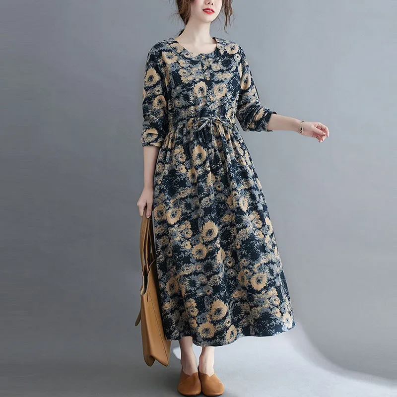 

Women Cotton Linen Casual Dress New Arrival 2021 Spring Arts Style O-neck Vintage Print Loose Ladies A-line Long Dresses S3386
