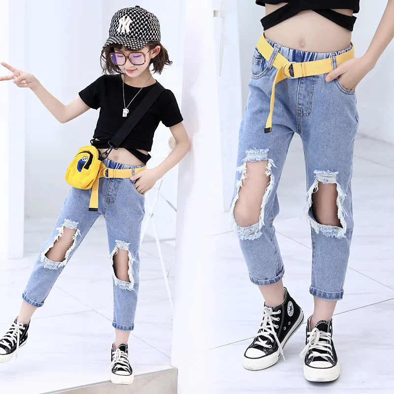 Girls Ripped Jeans 2021 Summer New Large Children Qi Gai Ku Fashionable Denim Ankle-length Pants Song Yao Dai | Мать и ребенок