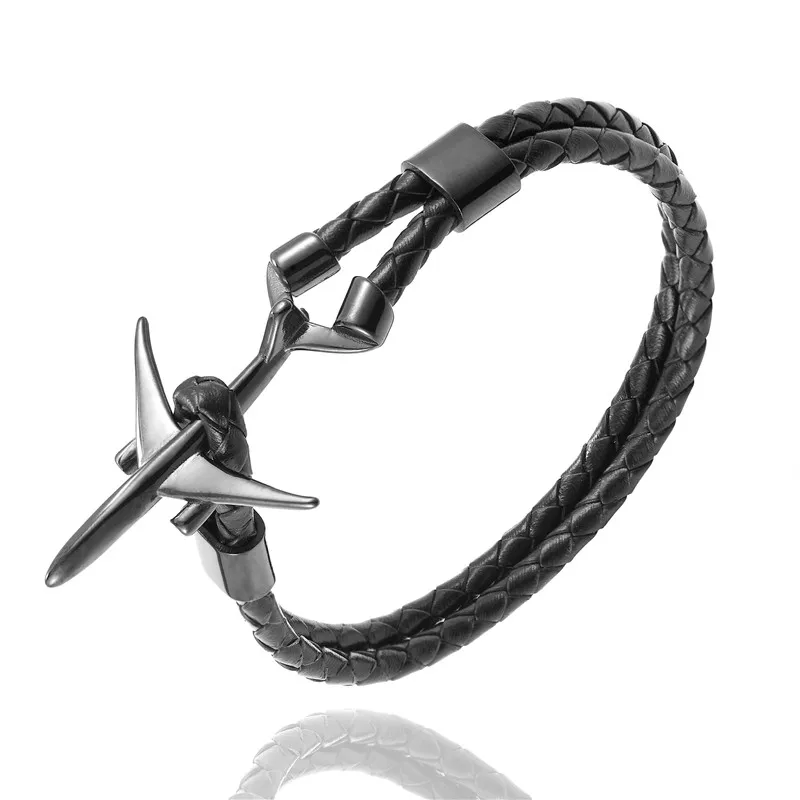 MKENDN Hot Sale Stainless Steel Airplane Anchor Bracelets Men Women Genuine Multilayer Leather Bracelet Freestyle Homme Jewelry