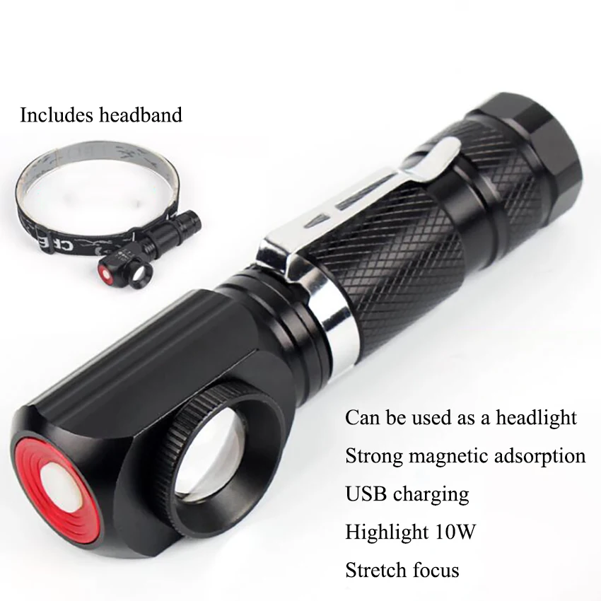 

10W T6 LED Zoomable Headlight Flashlight USB Charging Powerful Magnet Flashlights Torches Working Lamp Car Inspection Light