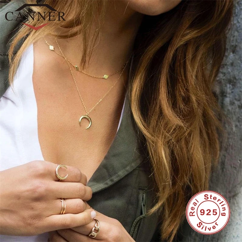 

Женское Ожерелье из настоящего серебра 100% пробы с кулоном, простое индивидуальное ожерелье в стиле ретро ins, цепочка с Луной, ожерелье золот...