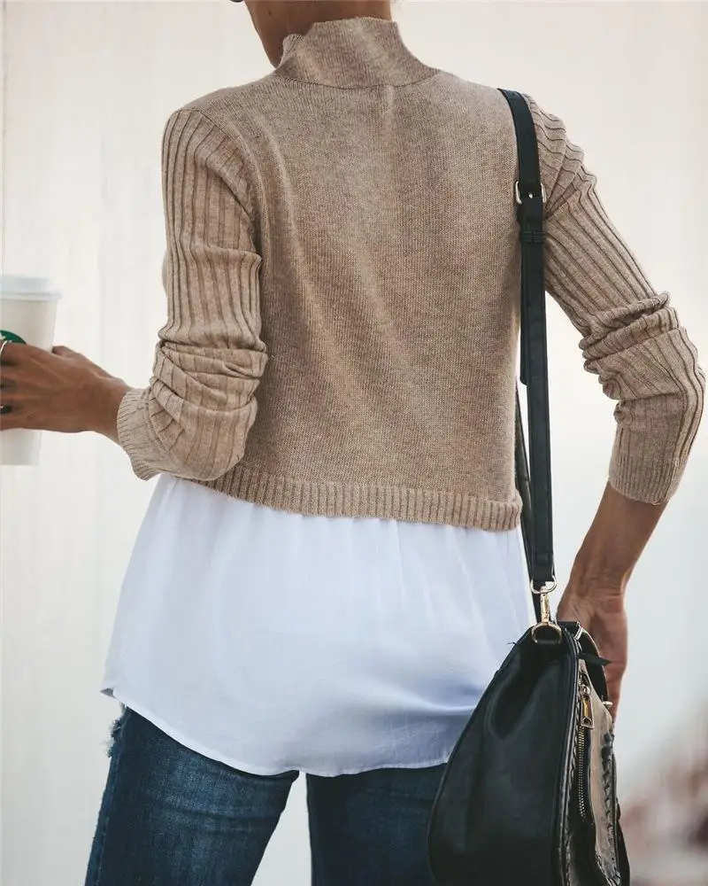 

Autumn Winter Black Knitted Women Turtleneck Sweater Patchwork Long Sleeve Button Pullover Women Jumper
