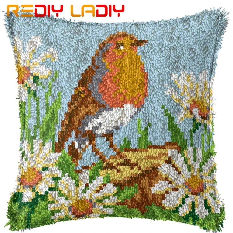 

Latch Hook Cushion Bird & Daisy Pre-Printed Canvas Cushion Cover Acrylic Yarn Crochet Pillow Case Hobby & Crafts Home Decor Gift