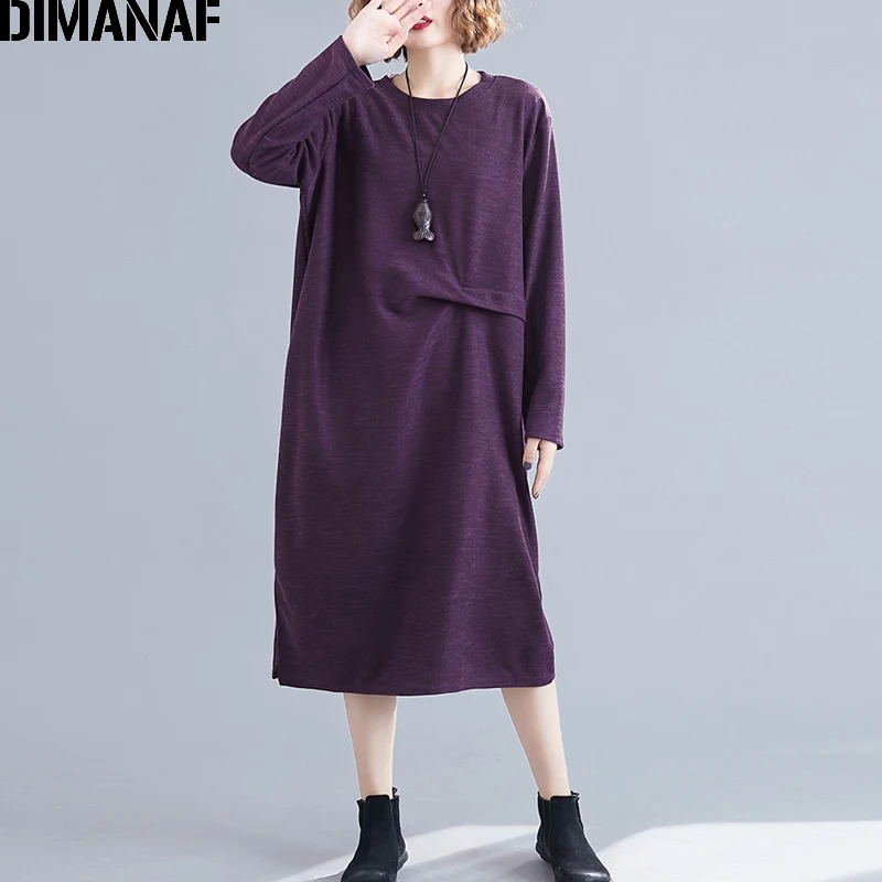 Niu99161CN-zi DIMANAF женское платье большого размера, осеннее, с длинным рукавом, со складками, базовое, повседневное, большой размер, женское, Vestidos, свободное, трикотажное, тонкое - Цвет: Niu99161CN-zi