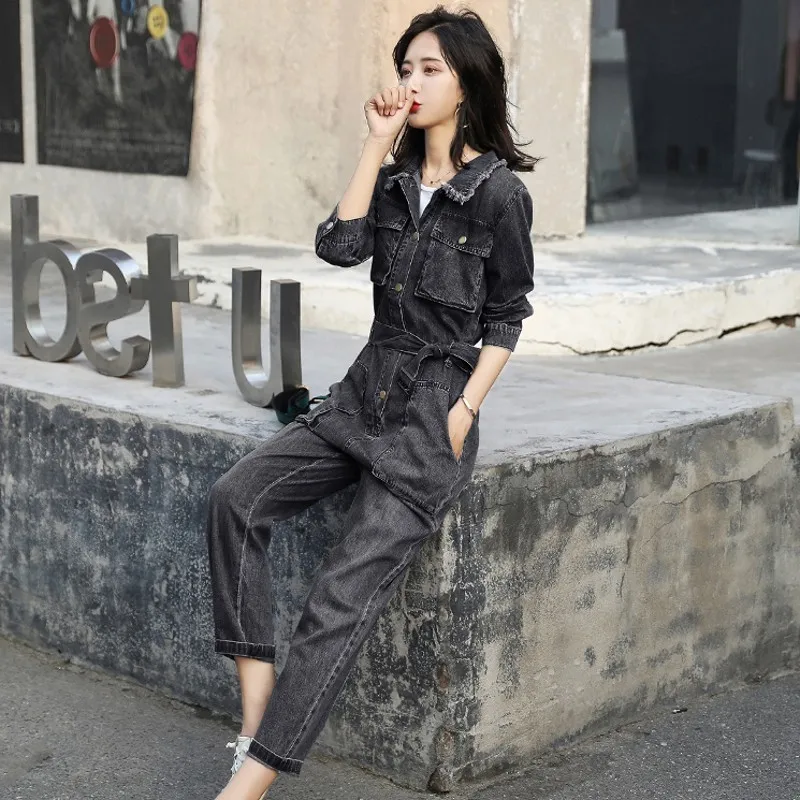 Осенняя мода корейский пояс карманы Женские карго Комбинезоны Винтаж Высокая